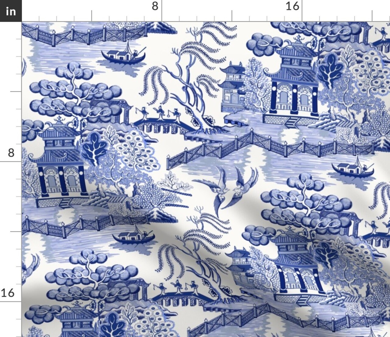Pagoda Chinoiserie Blue Toile Chinese Botanical Garden Willow Cottagecore Grandmillennial Custom Printed Fabric by Spoonflower Various Fabrics by the Yard or Fat Quarter